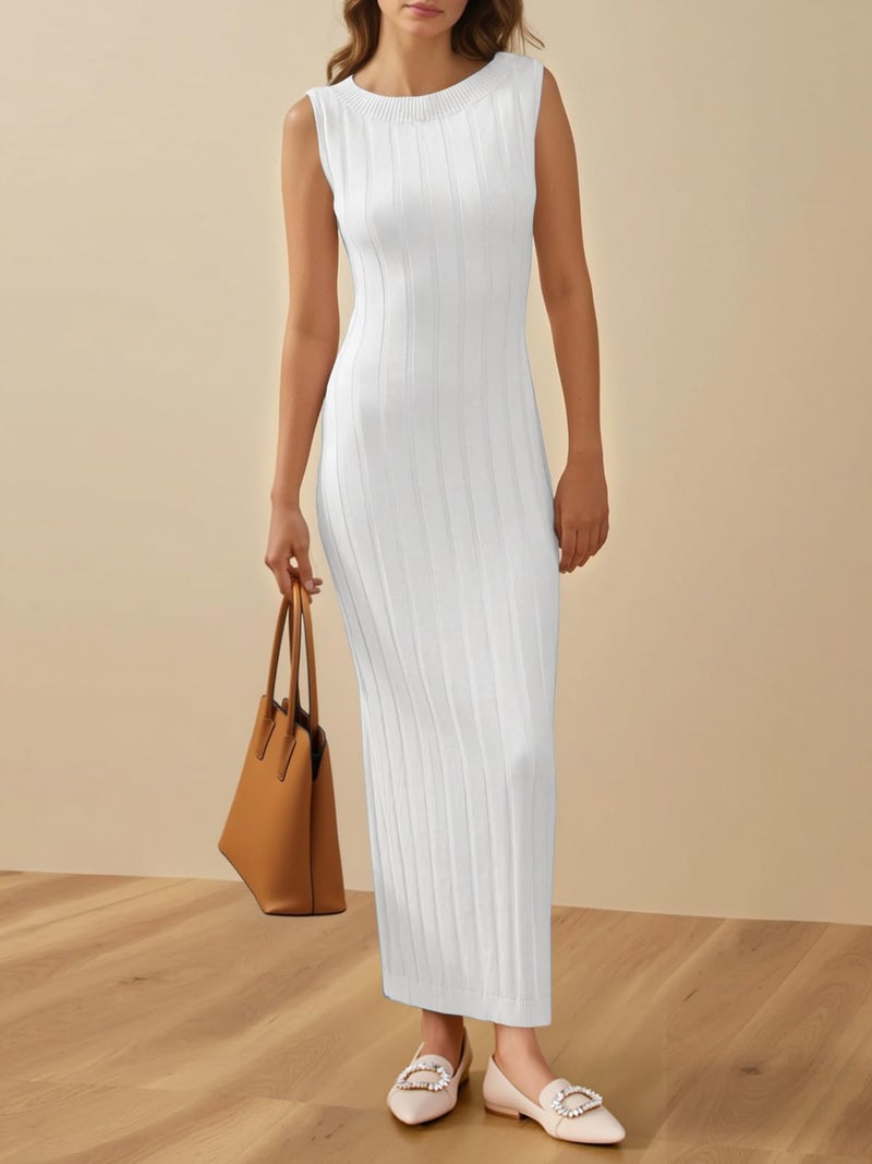 Wenrine Womens Sleeveless Sweater Dress Mock Neck Ribbed Knit Fall Tank Maxi Dresses White - Image 3