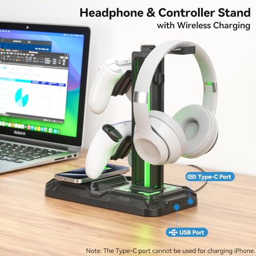 KDD Headphone Controller Stand with Wireless Charging Rotatable Headset Stand with 9 Light Modes Controller Holder with 2 USB and Type C Ports for Gamers Desktop Accessories - Image 3