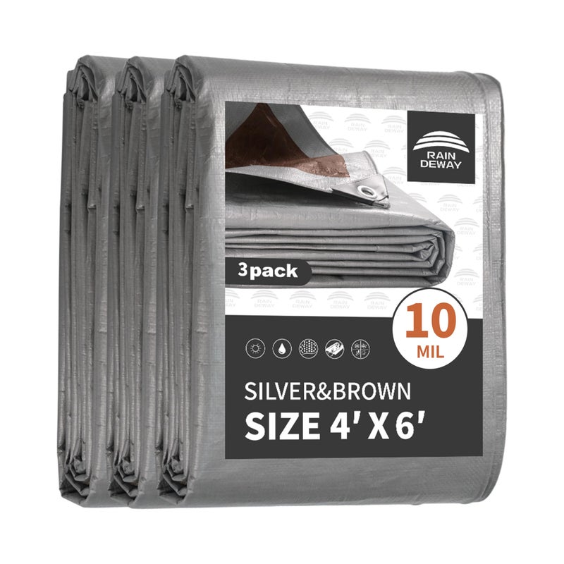 Raindeway Tarps Heavy Duty Waterproof 4X6 Feet(3 Pack) 10Mil Thick Multipurpose Poly Small Tarp Cover With Metal Grommets And Reinforced Edges Silver/Brown Tarp - Image 1