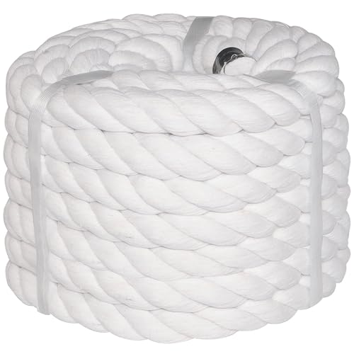 White Cotton Rope 1 inch x 50 feet Natural Thick Strong Rope for Crafts Sports Tug of War Hammock Home Decorating Twisted Rope