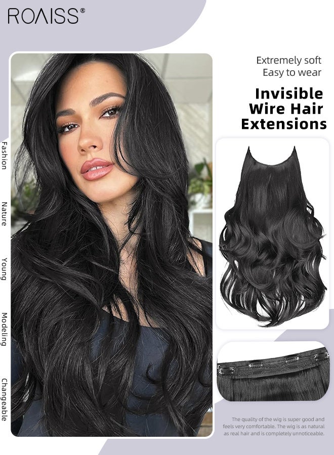 roaiss Invisible Wire Natural Black Hair Extensions, One-Piece Long Curly Hair Extensions with 4 Hair Clips, Invisible Natural Wave Wig Pieces with Fishline, Heat-Resistant Synthetic Wigs for Women Girls - Image 1