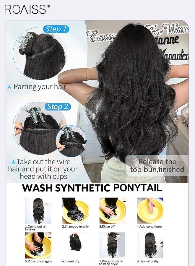 roaiss Invisible Wire Natural Black Hair Extensions, One-Piece Long Curly Hair Extensions with 4 Hair Clips, Invisible Natural Wave Wig Pieces with Fishline, Heat-Resistant Synthetic Wigs for Women Girls - Image 4