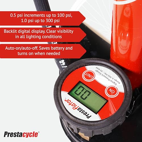 Prestacycle Prestaflator Digital Air Pressure Gauge – 0–300 PSI, 0.5 PSI Accuracy – 1/8" Brass Threads for Air Compressors & Floor Pumps – Backlit Display, Auto On/Off – Includes Batteries - Image 3