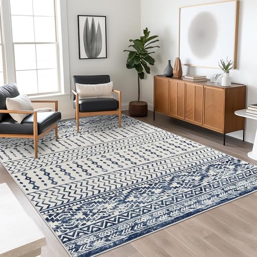 Art&Tuft Area Rug 5x7, Super Soft Ultra-Thin Moroccan Washable Rug, Anti-Slip Backing Rugs for Living Room, Foldable Geometric Machine Washable Area Rug(5'x7', Navy) - Image 3