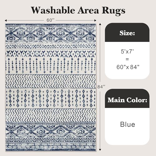 Art&Tuft Area Rug 5x7, Super Soft Ultra-Thin Moroccan Washable Rug, Anti-Slip Backing Rugs for Living Room, Foldable Geometric Machine Washable Area Rug(5'x7', Navy) - Image 2