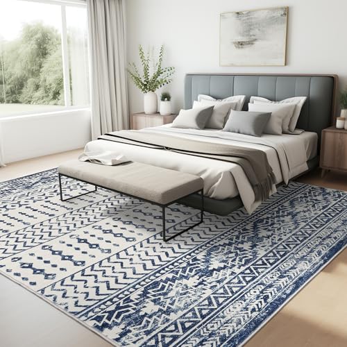 Art&Tuft Area Rug 5x7, Super Soft Ultra-Thin Moroccan Washable Rug, Anti-Slip Backing Rugs for Living Room, Foldable Geometric Machine Washable Area Rug(5'x7', Navy) - Image 4