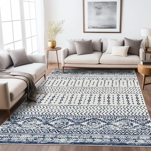 Art&Tuft Area Rug 5x7, Super Soft Ultra-Thin Moroccan Washable Rug, Anti-Slip Backing Rugs for Living Room, Foldable Geometric Machine Washable Area Rug(5'x7', Navy) - Image 1