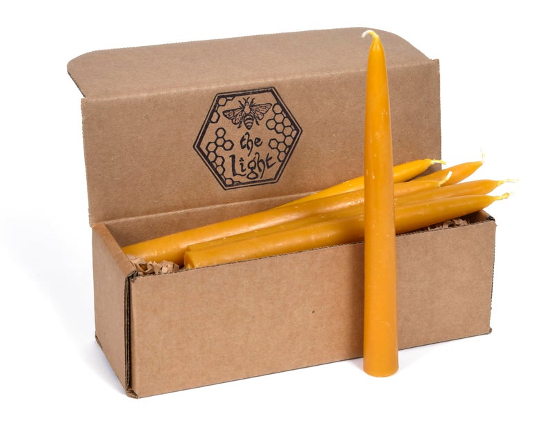 Bee The Light 100% Pure Beeswax Taper Candles - All-Natural Handmade Decorative & Dipped Smokeless Unscented Candles for Christmas, Advent, and Hanukkah, Yellow, 8.5 Inches, 12 Candle Set, by BeeTheLight - Image 1