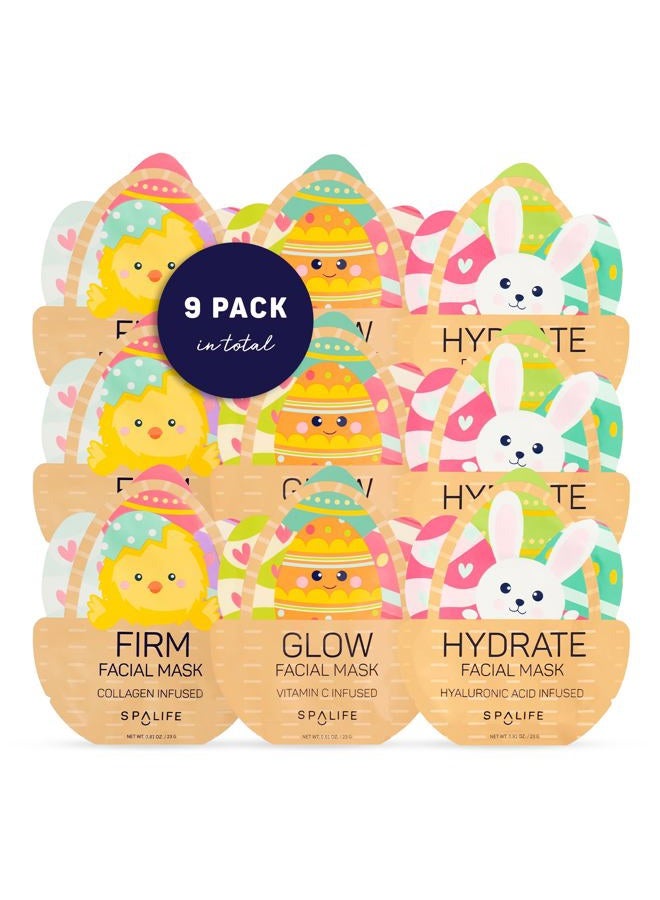 SpaLife Spring & Easter Facial Masks (9Pack) - Hyaluronic Acid, Collagen, Vitamin C Infused - Reduces Dark Circles, Hydrates, Firms Skin - Skin Care Masks for Puffiness, Fine Lines & Wrinkles - Image 1