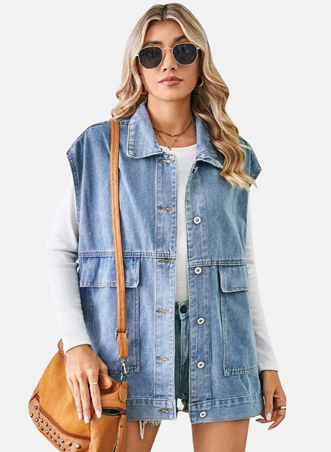 يونيكي Blue Collared Sleeveless Denim Jacket
