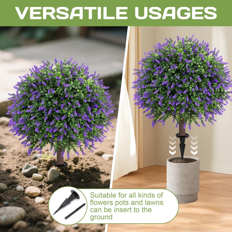 Jasmpig Artificial Lavender Topiary Ball Tree 25" with Ground Spike, Set of 2 Artificial Boxwood Bushes for Faux Shrubs, Fake Evergreen Faux Plant for Indoor Outdoor Porch Garden -UV Resistantâ€“Fade-Proof - Image 4