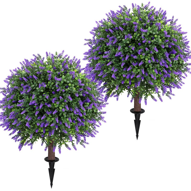 Jasmpig Artificial Lavender Topiary Ball Tree 25" with Ground Spike, Set of 2 Artificial Boxwood Bushes for Faux Shrubs, Fake Evergreen Faux Plant for Indoor Outdoor Porch Garden -UV Resistantâ€“Fade-Proof - Image 1