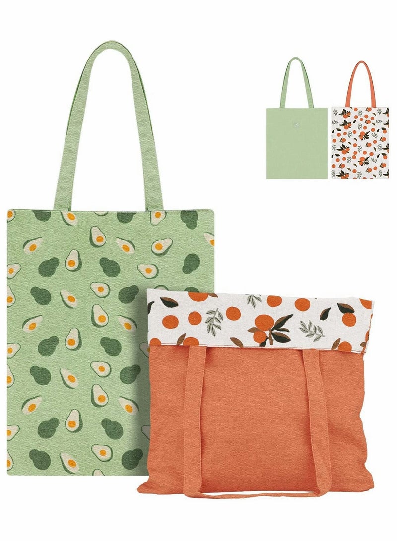 Canvas Tote Bag, 2 Pcs Double-Sided Reusable Cloth Bags with Fruit Print, Small Tote Grocery Bags, Shopping Bag, Makeup Bags for Women, Girls, Kids (Orange and Green) - Image 1