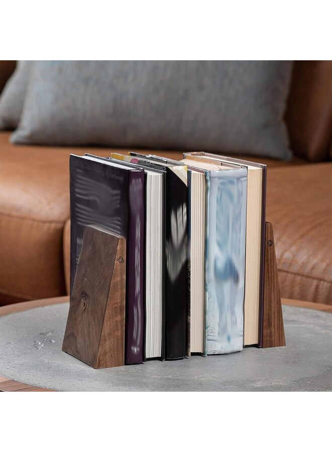 LAMAY Handmade Wooden Bookends with Metal Base, Walnut Tree - Sturdy Book Holders for Heavy Books - Fancy Modern Decorative Book Accessories to Hold Books Firmly on Bookshelf - Image 5