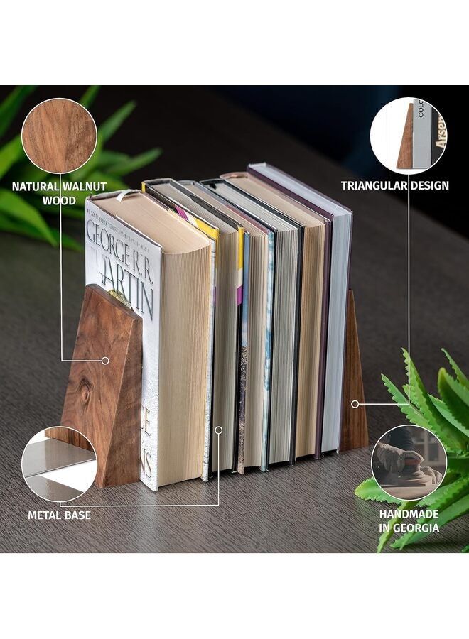 LAMAY Handmade Wooden Bookends with Metal Base, Walnut Tree - Sturdy Book Holders for Heavy Books - Fancy Modern Decorative Book Accessories to Hold Books Firmly on Bookshelf - Image 2
