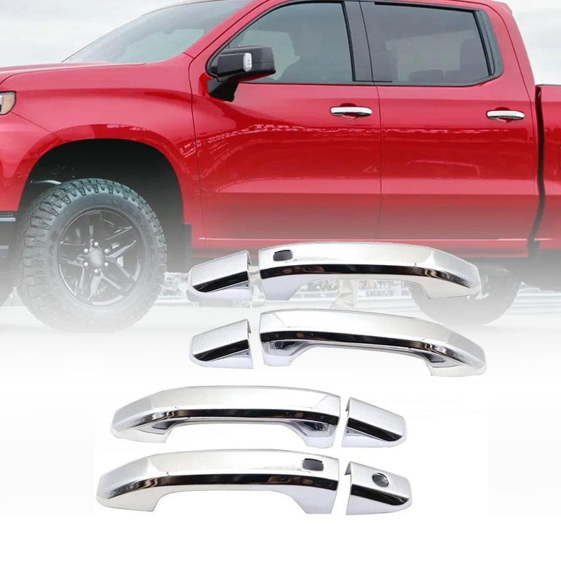 FZJDSD 4Pcs Chrome Door Handle Cover Trim with 2 Smartkey Button Auto Sensor Holes Compatible with Chevy Silverado 1500 2500HD 3500HD 20192021 Compatible with GMC Sierra 1500 2500HD 3500HD 2020 2021