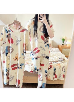 Summer Cartoon Short Sleeve Pajama Set for Women Animal City Four-piece# Off-white