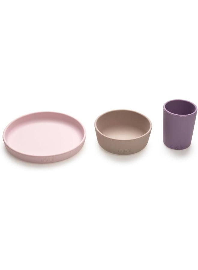 melii 3 Piece Silicone Feeding Meal Set for Kids - Includes Non Suction Plate, Bowl, Cup - BPA Free, Durable, Microwave & Dishwasher Safe - Purple, Grey, Pink - Image 1