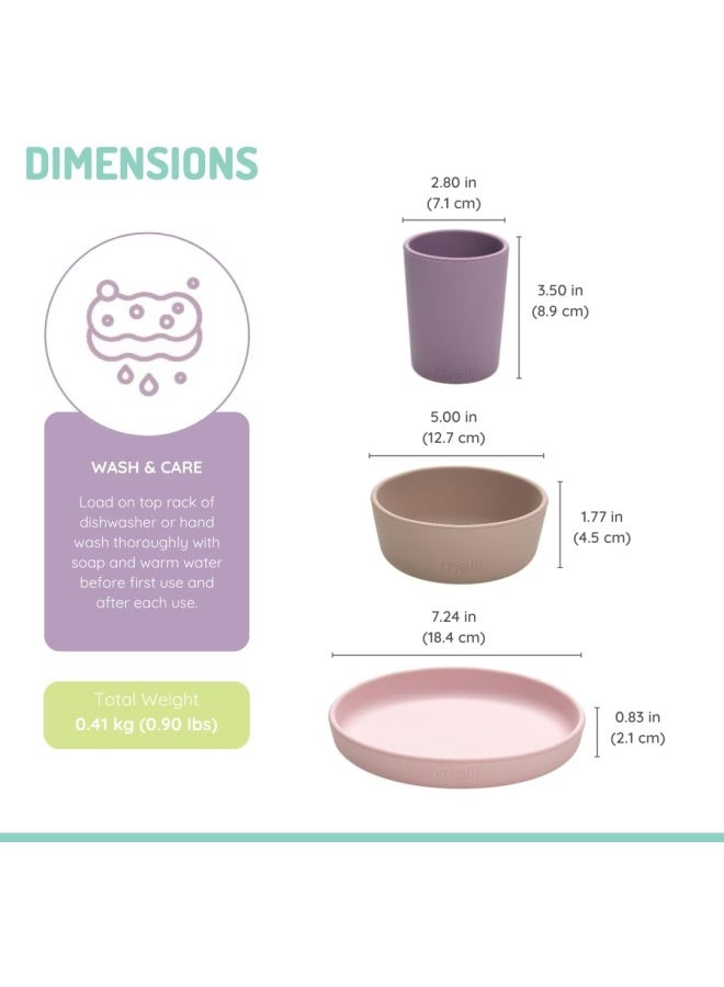 melii 3 Piece Silicone Feeding Meal Set for Kids - Includes Non Suction Plate, Bowl, Cup - BPA Free, Durable, Microwave & Dishwasher Safe - Purple, Grey, Pink - Image 2