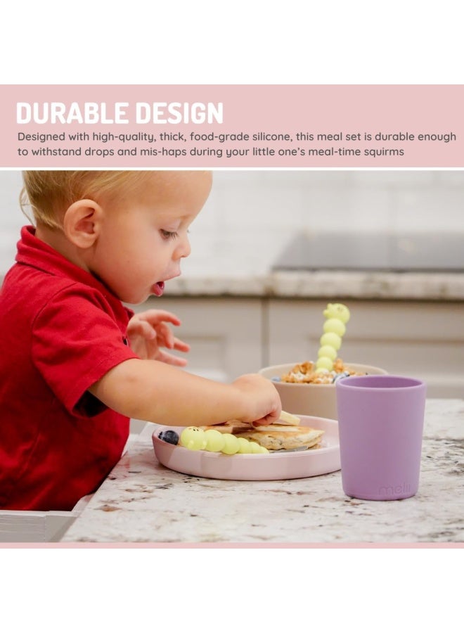 melii 3 Piece Silicone Feeding Meal Set for Kids - Includes Non Suction Plate, Bowl, Cup - BPA Free, Durable, Microwave & Dishwasher Safe - Purple, Grey, Pink - Image 4