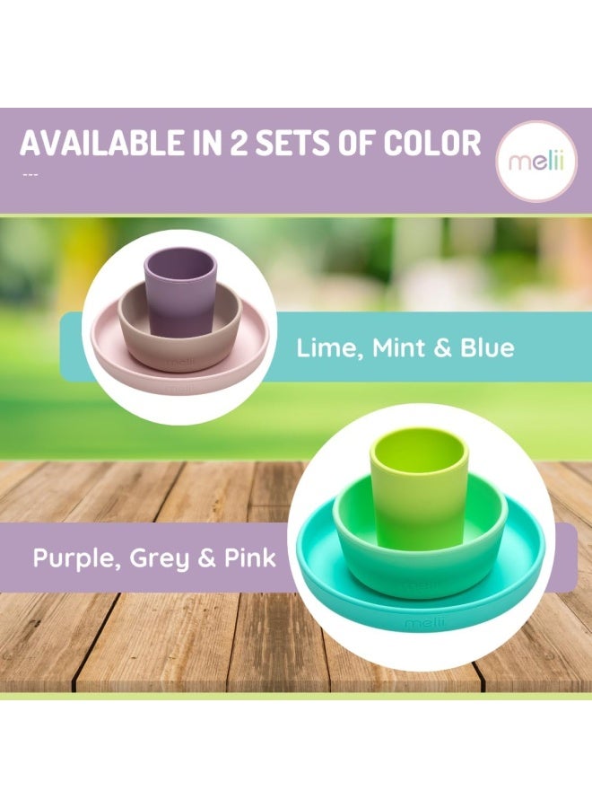 melii 3 Piece Silicone Feeding Meal Set for Kids - Includes Non Suction Plate, Bowl, Cup - BPA Free, Durable, Microwave & Dishwasher Safe - Purple, Grey, Pink - Image 5