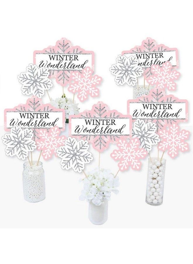 Big Dot of Happiness Pink Winter Wonderland Holiday Snowflake Birthday Party Or Baby Shower Centerpiece Sticks Table Toppers Set Of 15  - Image 2