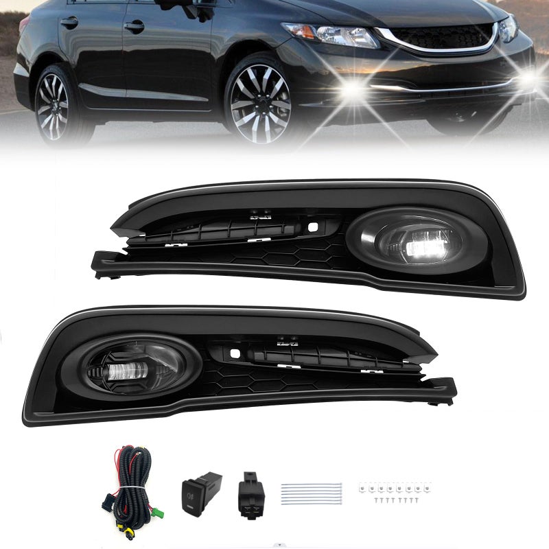 Shocklight LED Fog Lights fit for 2013 2014 2015 Civic 13 14 15 A Pair of Front Bumper Driving Fog Lamps with Switch and Wiring Harness Clear Lens