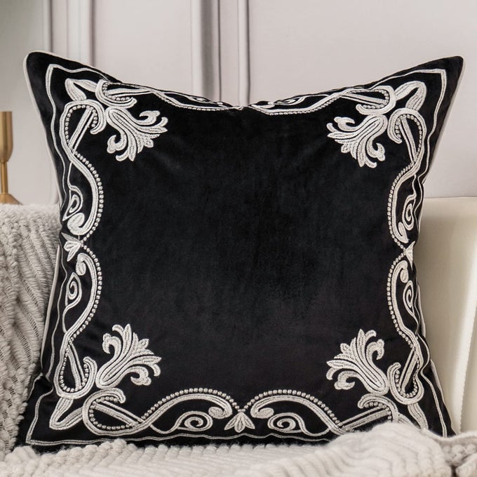 European Floral Pillow Cover 20x20 Inch Luxury Velvet Embroidered Decorative Throw Pillow Cover for Couch Bedroom Living Room Black and White