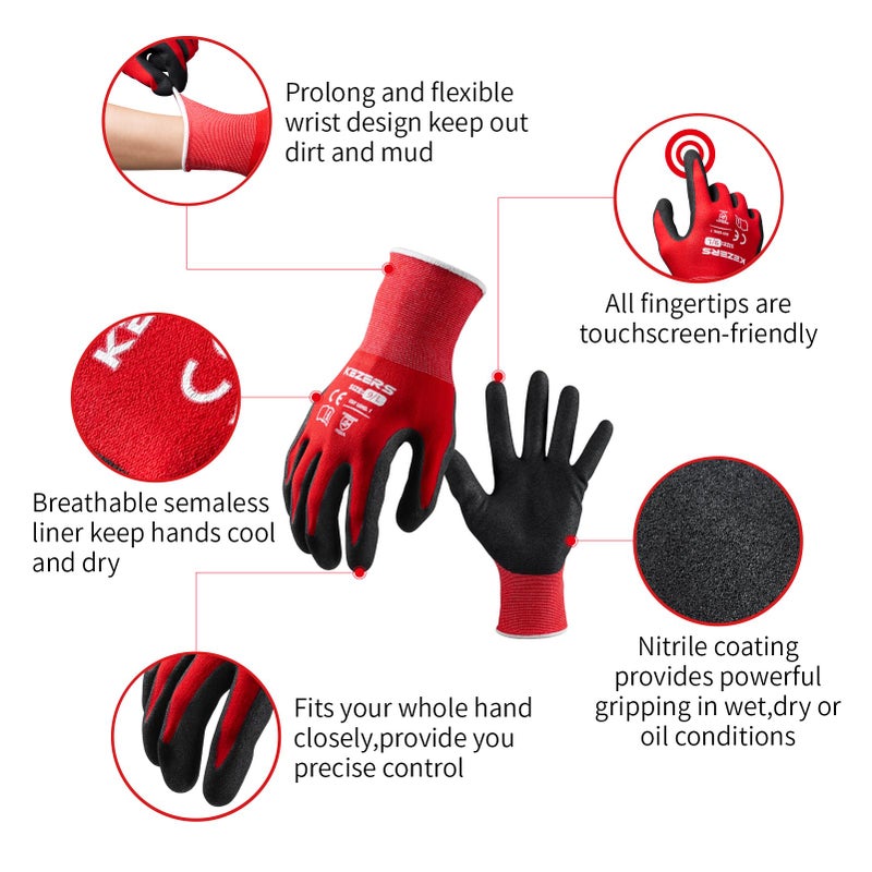 KEZERS Safety Work Gloves,12 Pairs Nitrile Coated Work Gloves for Men,Seamless Knit Nylon Gloves with Smooth Grip on Palm & Fingers,Ideal for Gardening,Warehouse,Construction,Woodworking (Red,Large) - Image 2