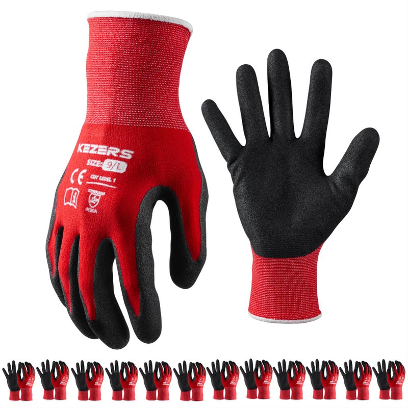 KEZERS Safety Work Gloves,12 Pairs Nitrile Coated Work Gloves for Men,Seamless Knit Nylon Gloves with Smooth Grip on Palm & Fingers,Ideal for Gardening,Warehouse,Construction,Woodworking (Red,Large) - Image 1