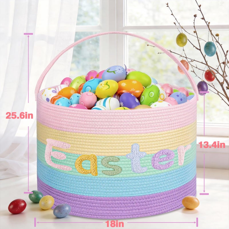 MUDEREK Rainbow Easter Basket, Extra Large Easter Egg Hunting Basket, Woven Cotton Rope Storage Basket Laundry Basket with Handle, Soft Round Storage Bin, Blanket Basket, Empty Gift Basket, 18.5"x13" - Image 4