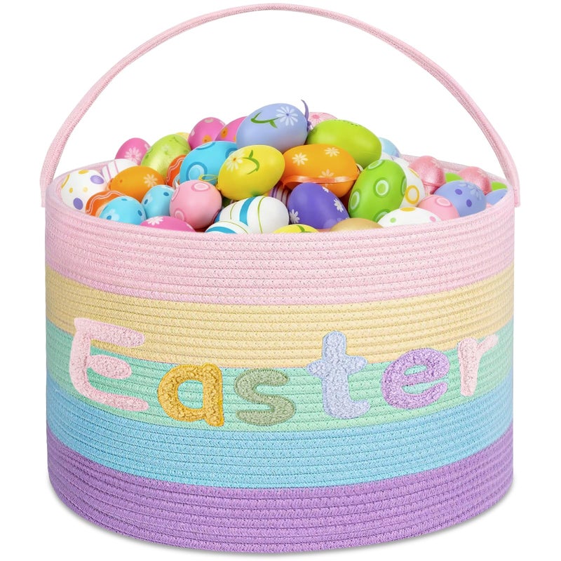 MUDEREK Rainbow Easter Basket, Extra Large Easter Egg Hunting Basket, Woven Cotton Rope Storage Basket Laundry Basket with Handle, Soft Round Storage Bin, Blanket Basket, Empty Gift Basket, 18.5"x13" - Image 1