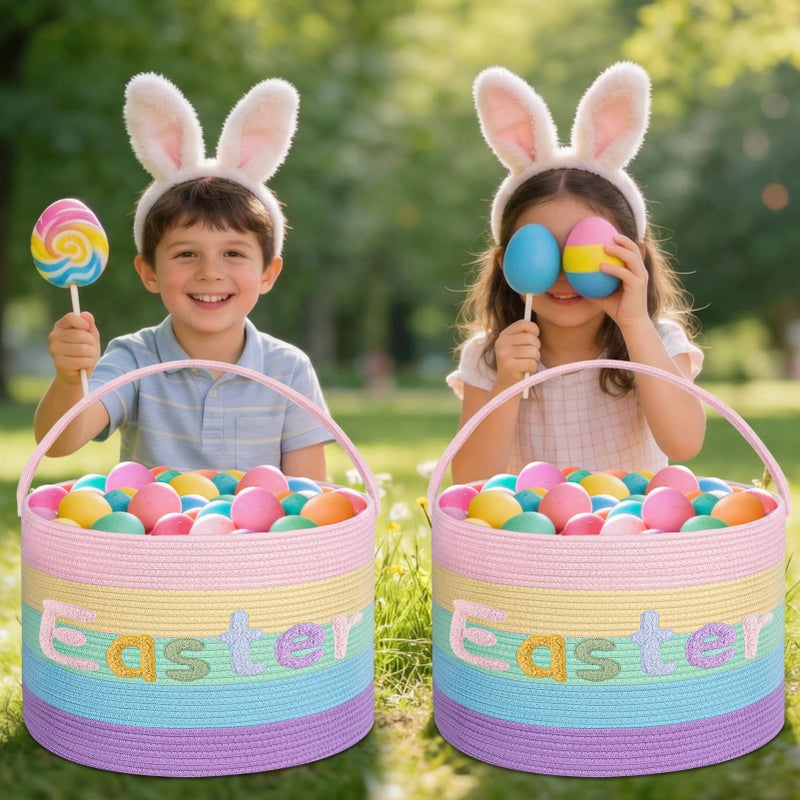 MUDEREK Rainbow Easter Basket, Extra Large Easter Egg Hunting Basket, Woven Cotton Rope Storage Basket Laundry Basket with Handle, Soft Round Storage Bin, Blanket Basket, Empty Gift Basket, 18.5"x13" - Image 5