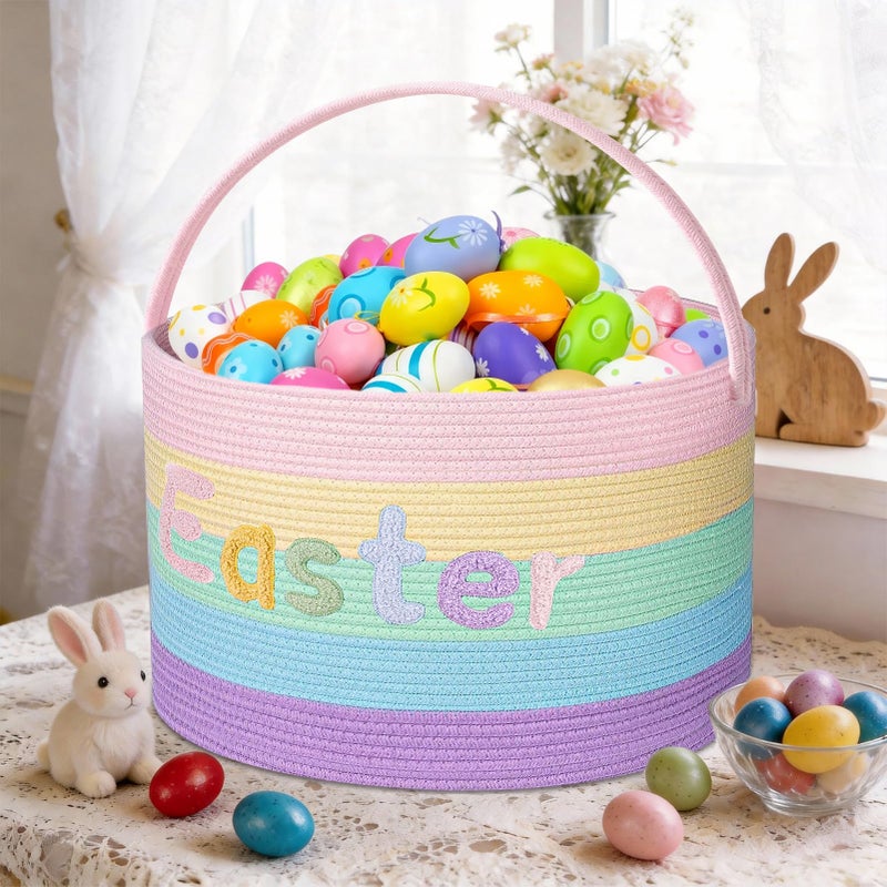 MUDEREK Rainbow Easter Basket, Extra Large Easter Egg Hunting Basket, Woven Cotton Rope Storage Basket Laundry Basket with Handle, Soft Round Storage Bin, Blanket Basket, Empty Gift Basket, 18.5"x13" - Image 2