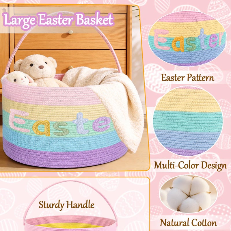 MUDEREK Rainbow Easter Basket, Extra Large Easter Egg Hunting Basket, Woven Cotton Rope Storage Basket Laundry Basket with Handle, Soft Round Storage Bin, Blanket Basket, Empty Gift Basket, 18.5"x13" - Image 3
