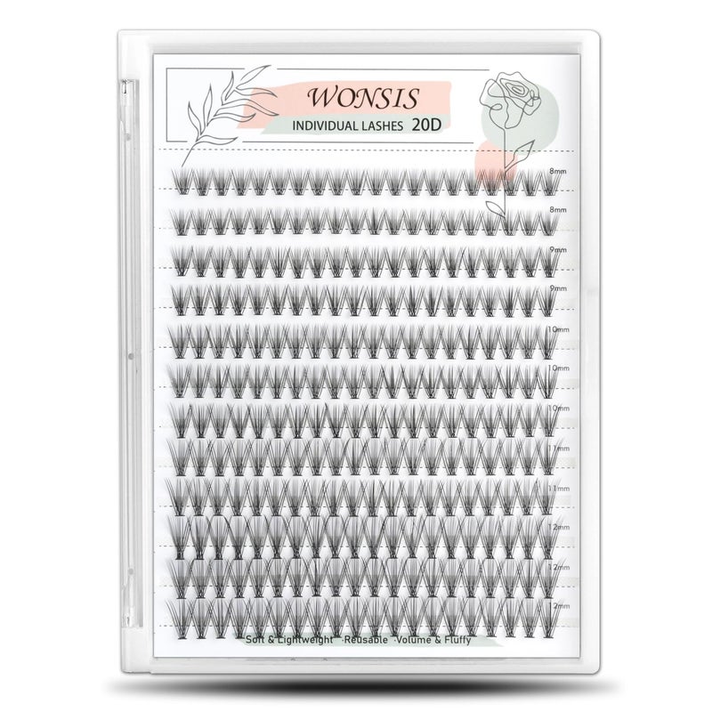 WONSIS Lash Clusters, Individual Lashes, 240 Pcs 20D Individual Lash Extensions, Volume Soft Lightweight Reusable DIY Eyelash Extensions, Thickness 0.07mm C Curl False Eyelashes 8/9/10/11/12mm - Image 1