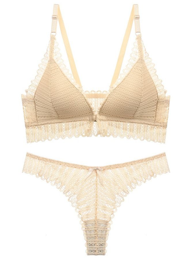 Loquat Solid Color Thin Cup Without Underwire Lace Bra And Panty Set Beige 