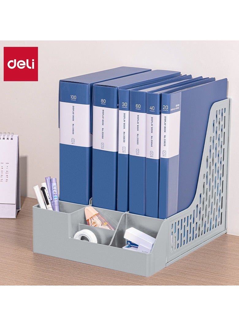 Deli E9847 Magazine Holder, 3 Compartments, PP Material, Grey, Integrated Pen Holder, Removable Design, Index Sticker for Organization, 1PCS/Heat-sealed Bag