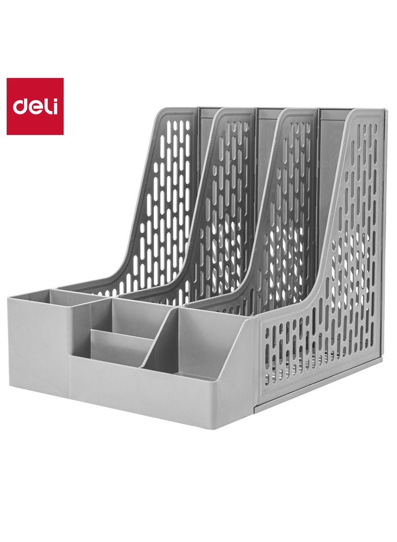 Deli E9847 Magazine Holder, 3 Compartments, PP Material, Grey, Integrated Pen Holder, Removable Design, Index Sticker for Organization, 1PCS/Heat-sealed Bag