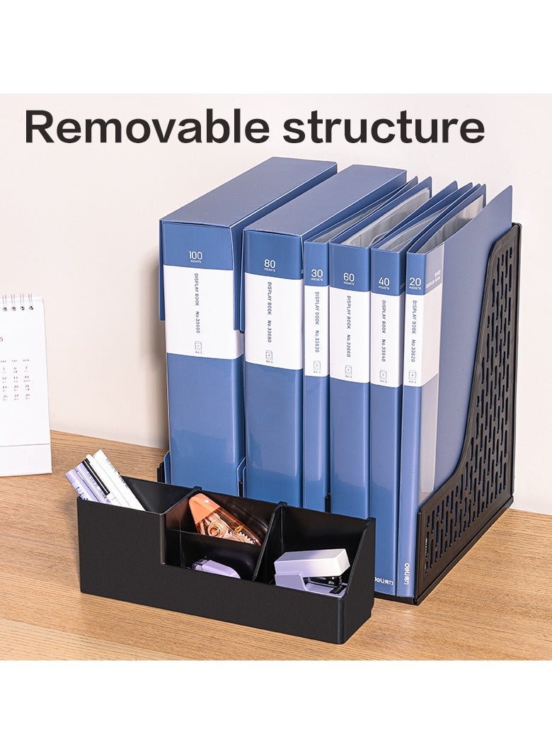 Deli E9847 Magazine Holder, 3 Compartments, PP Material, Grey, Integrated Pen Holder, Removable Design, Index Sticker for Organization, 1PCS/Heat-sealed Bag