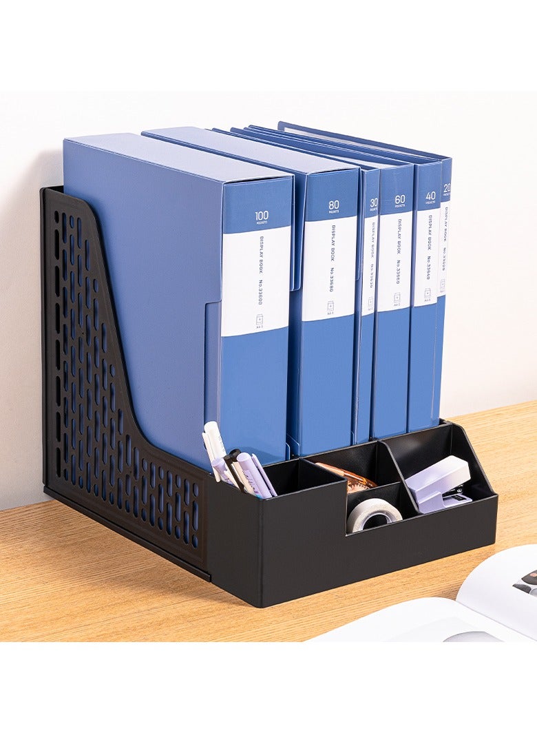 Deli E9847 Magazine Holder, 3 Compartments, PP Material, Grey, Integrated Pen Holder, Removable Design, Index Sticker for Organization, 1PCS/Heat-sealed Bag