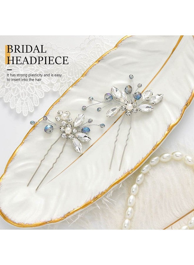 JEAIRTS Flower Rhinestone Hair Pins Pearl Bridal Hair Pieces Headwear Blue Beads Wedding Headpiece Hair Dress Crystal Hair Accessories For Brides And Bridesmaids - Image 3