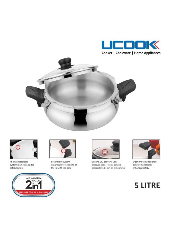 Ucook By United Ekta Group Aluminium Duo Lid 2 In 1 Induction Base 5 Litre Handi Shape Multipurpose/All In One Outer Lid Pressure Cooker With Glass Lid, Silver - Image 4