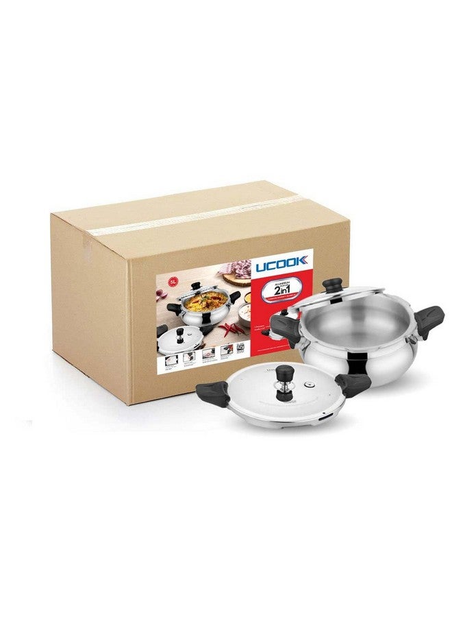 Ucook By United Ekta Group Aluminium Duo Lid 2 In 1 Induction Base 5 Litre Handi Shape Multipurpose/All In One Outer Lid Pressure Cooker With Glass Lid, Silver - Image 1