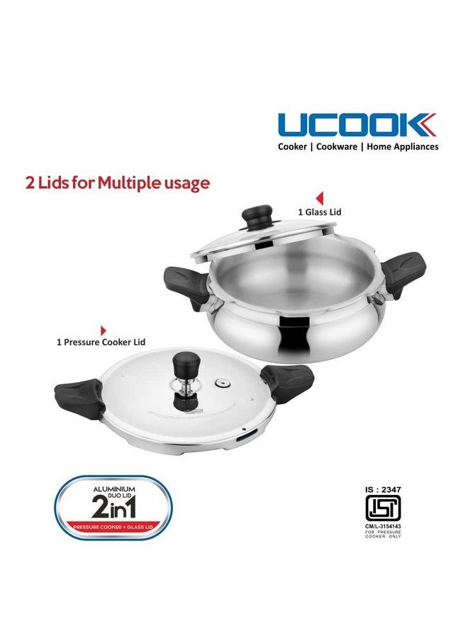Ucook By United Ekta Group Aluminium Duo Lid 2 In 1 Induction Base 5 Litre Handi Shape Multipurpose/All In One Outer Lid Pressure Cooker With Glass Lid, Silver - Image 5