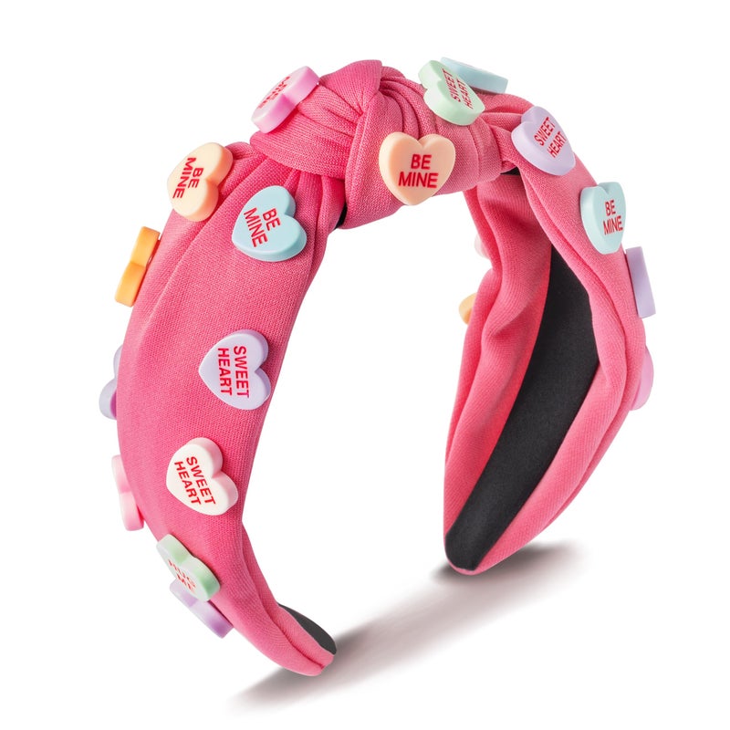 PANTIDE Valentine's Day Conversation Heart Knotted Headband - Love Candy Embellished Headband Non Slip Wide Top Knot Fashion Hairband Hair Accessories Birthday Gift for Women Girls (Hot Pink) - Image 1
