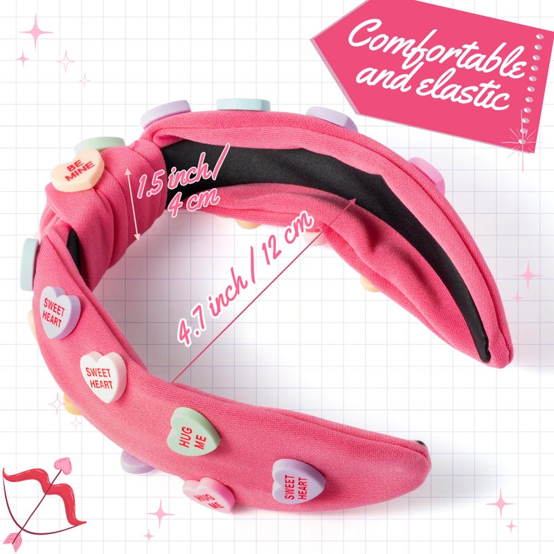 PANTIDE Valentine's Day Conversation Heart Knotted Headband - Love Candy Embellished Headband Non Slip Wide Top Knot Fashion Hairband Hair Accessories Birthday Gift for Women Girls (Hot Pink) - Image 2