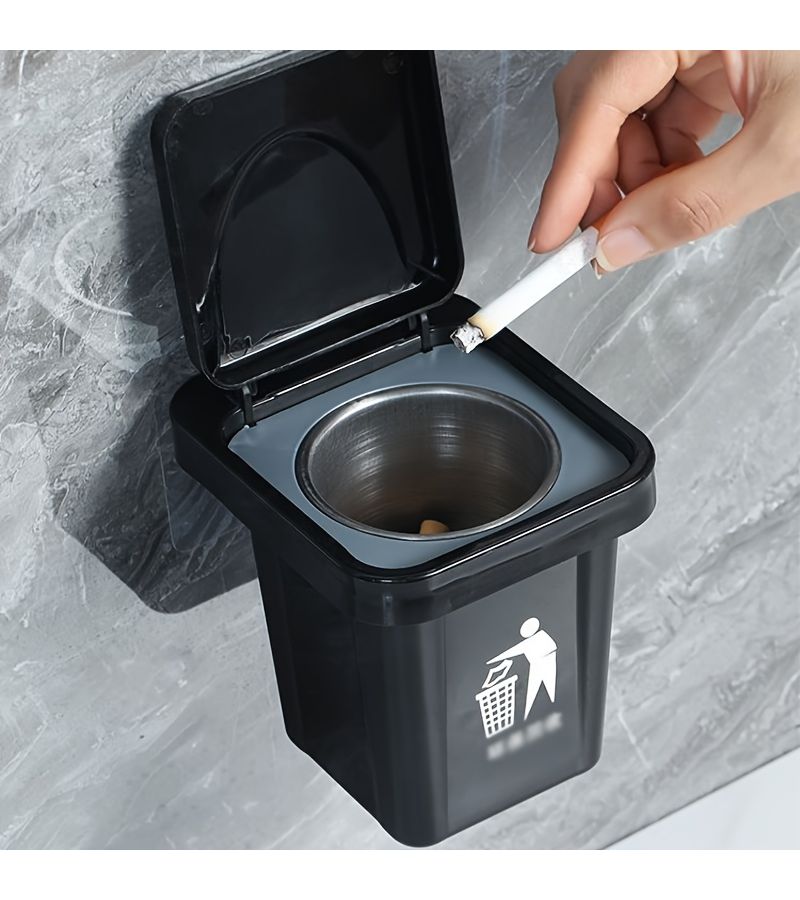 Mini Desktop Trash Can Ashtray Black with Lid Wall Mounted No Drilling - Image 1