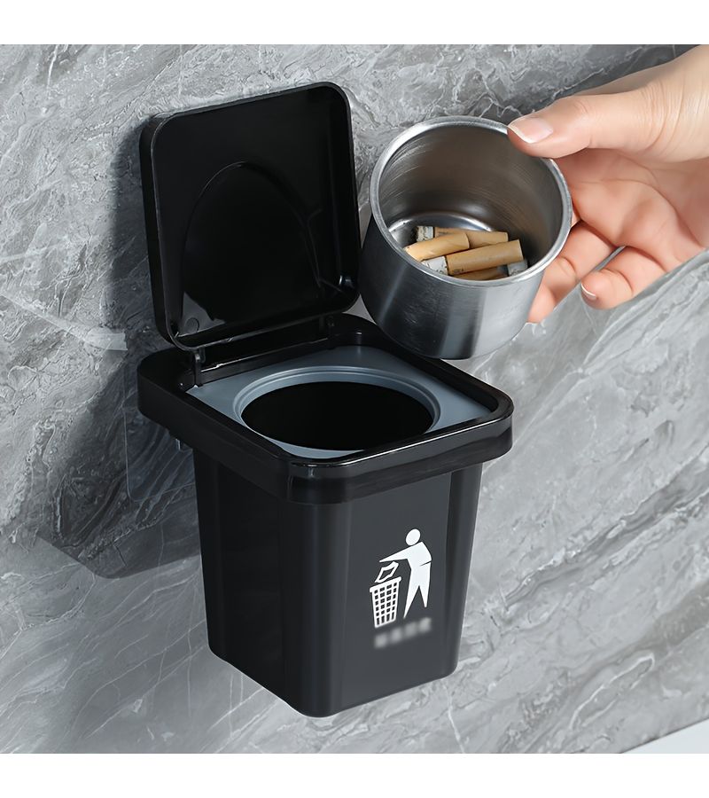 Mini Desktop Trash Can Ashtray Black with Lid Wall Mounted No Drilling - Image 4