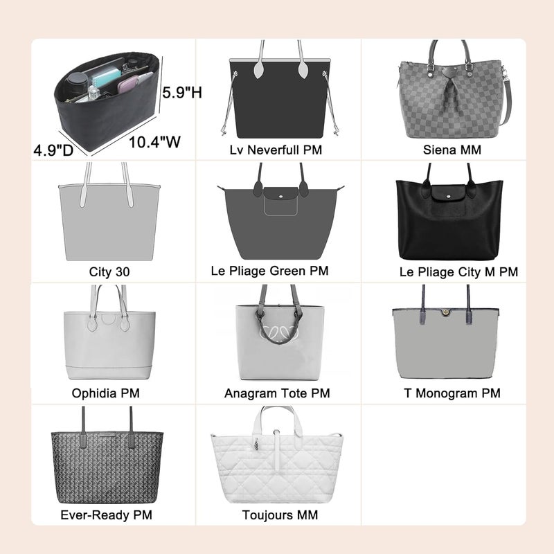 Doxo Purse Organiser, Tote Bag Insert for LV Neverfull PM, Coach City 30 and More, Zipper Pocket Organizer (Medium, Black) - Image 4